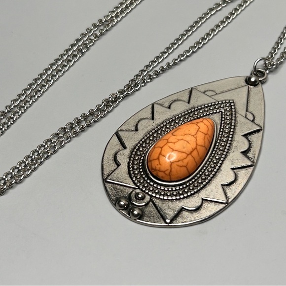 Long Silver Tone Orange Accent Stone Teardrop Necklace - Picture 2 of 3